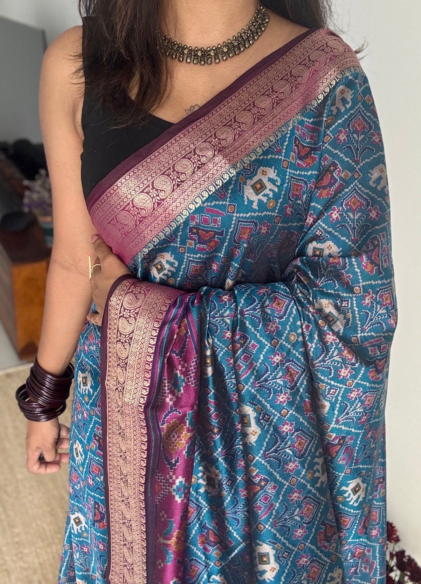 Peacock blue with wine in patola pattern - dola silk