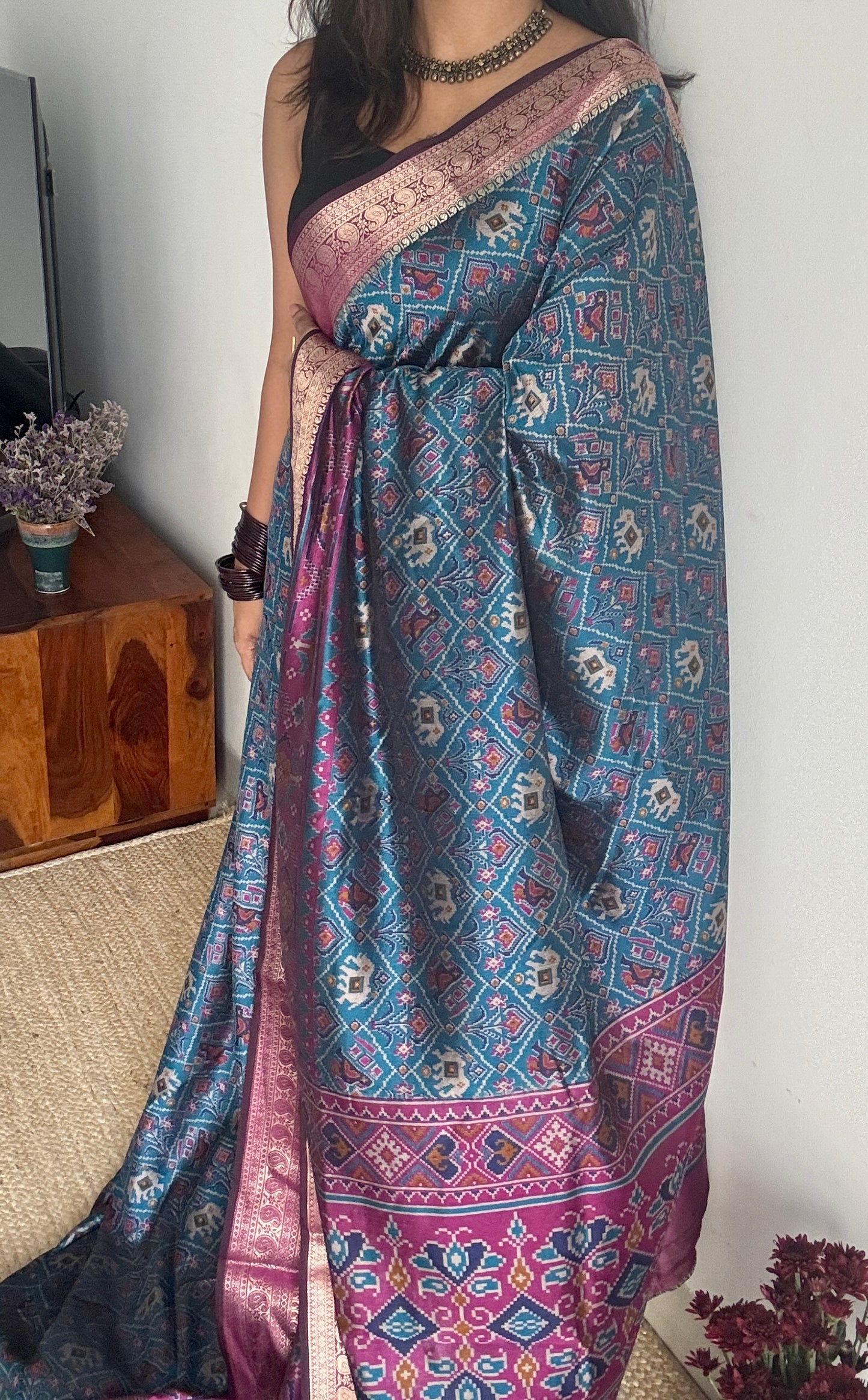 Peacock blue with wine in patola pattern - dola silk