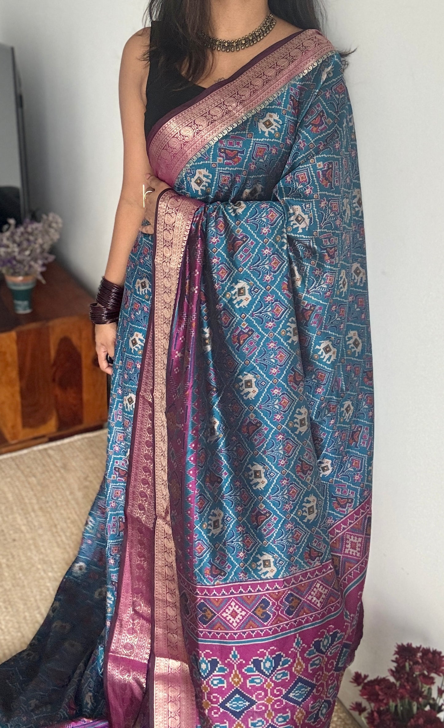 Peacock blue with wine in patola pattern - dola silk