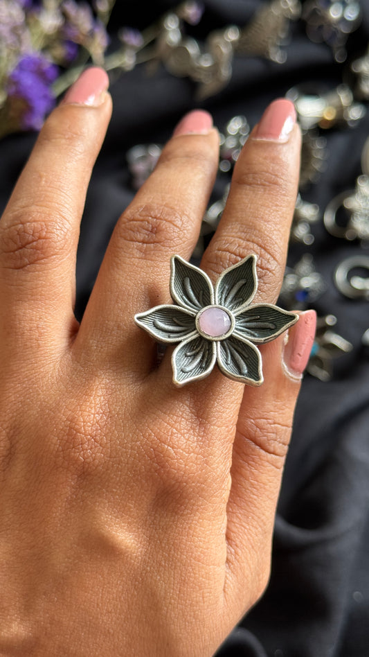 Antique Bloom - Adjustable Floral Ring, Baby Pink Stone