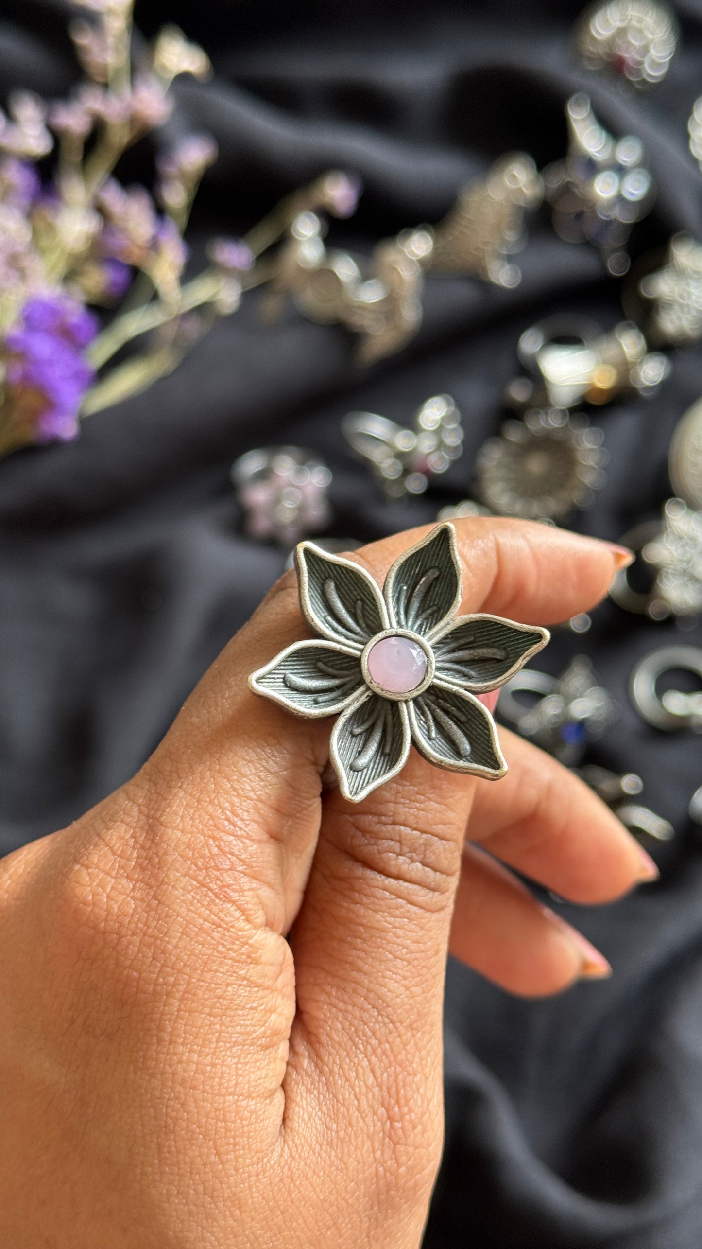 Antique Bloom - Adjustable Floral Ring, Baby Pink Stone