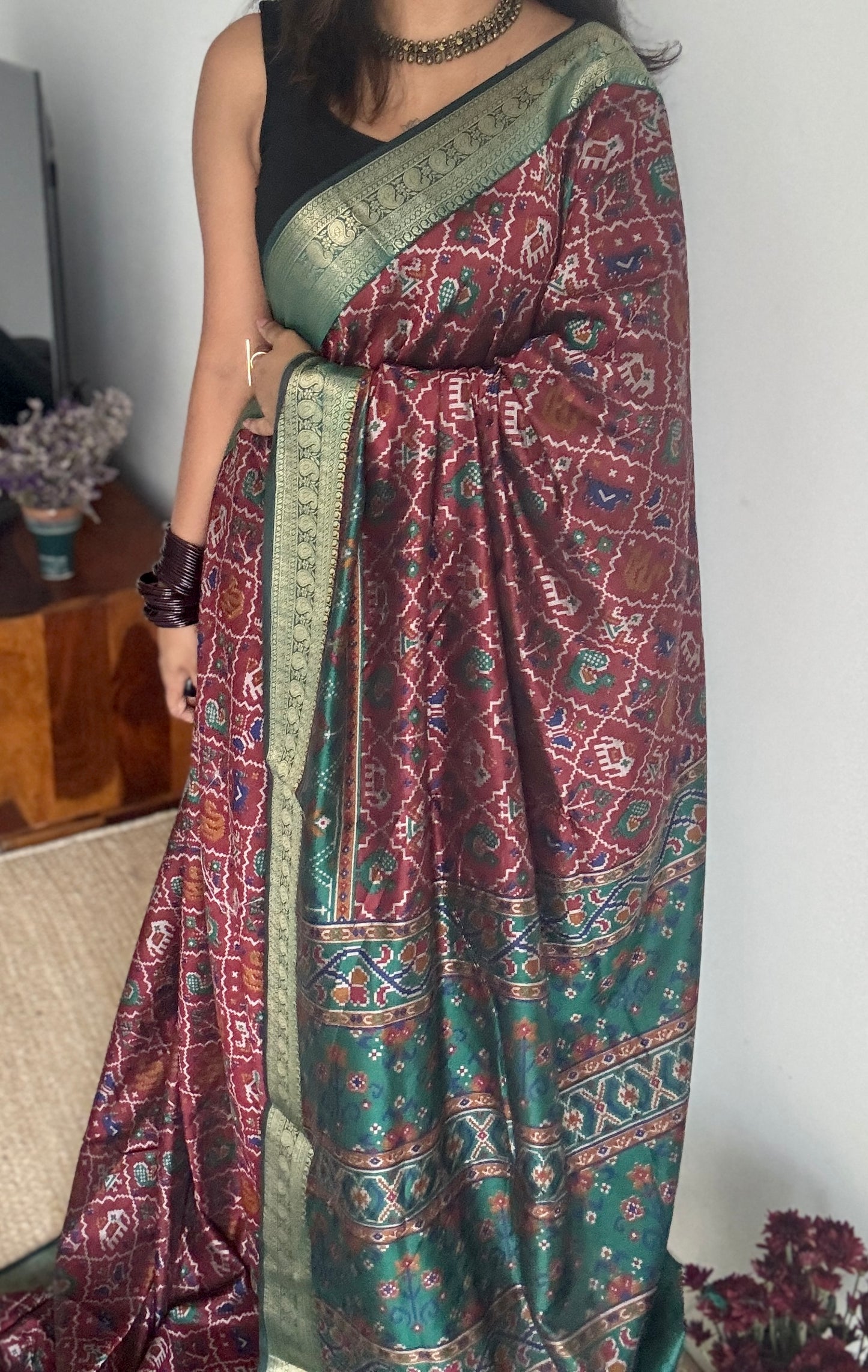 Maroon with green in patola pattern - dola silk
