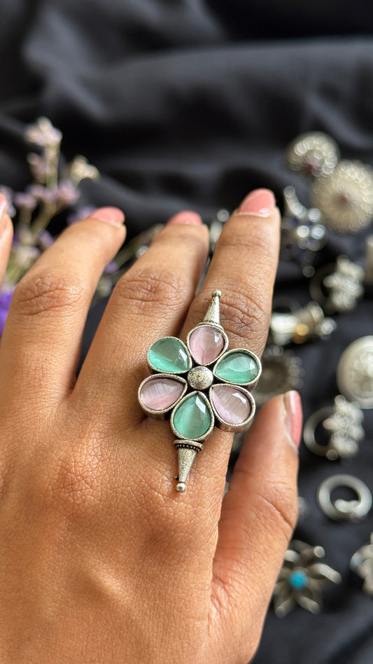 Adjustable floral ring - pastel pink & blue