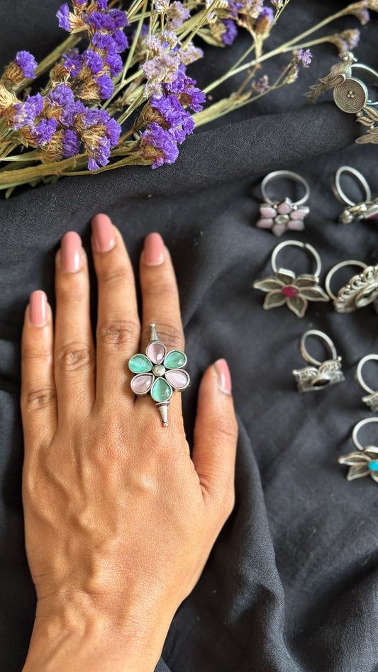 Adjustable floral ring - pastel pink & blue