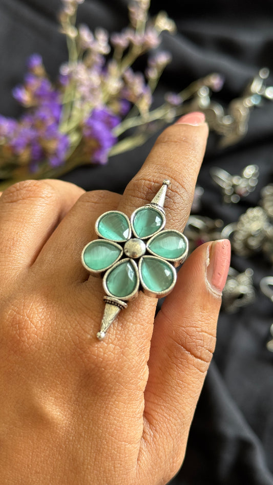 Adjustable floral ring - pastel blue