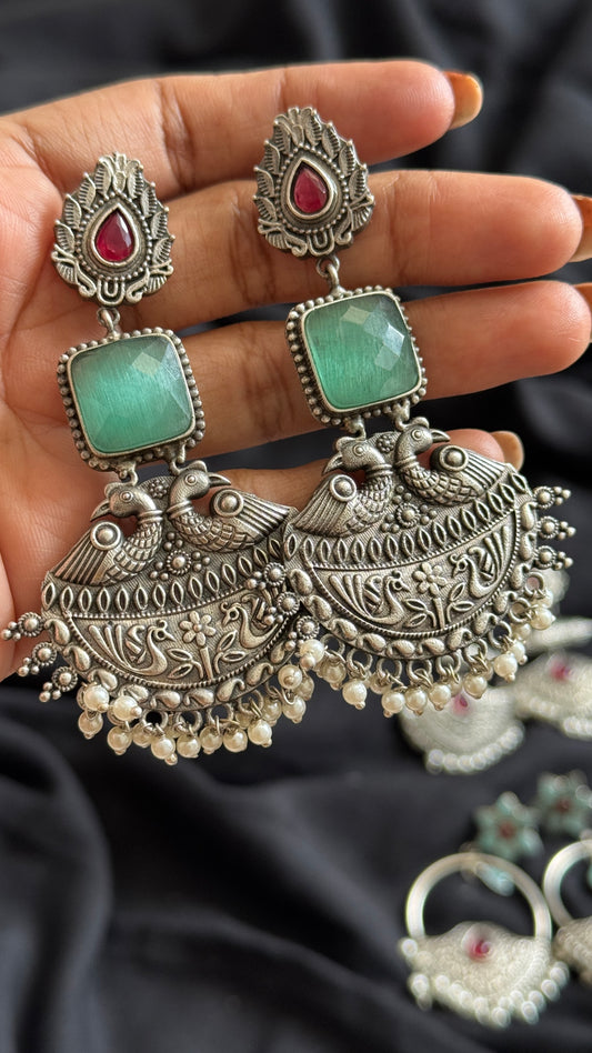 Dangler earrings - silver, red & turquoise