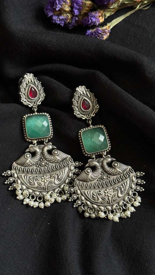 Dangler earrings - silver, red & turquoise