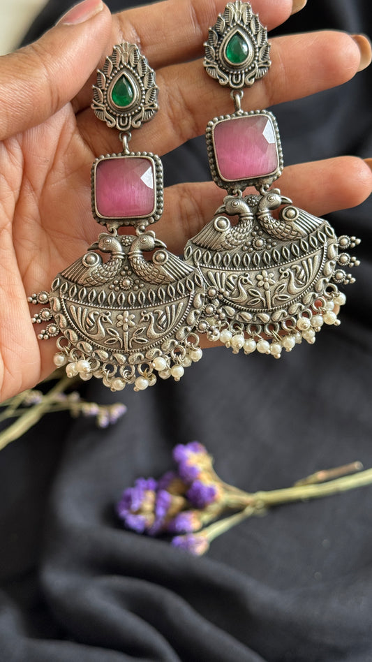 Dangler earrings - silver, pink & green