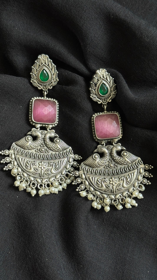 Dangler earrings - silver, pink & green