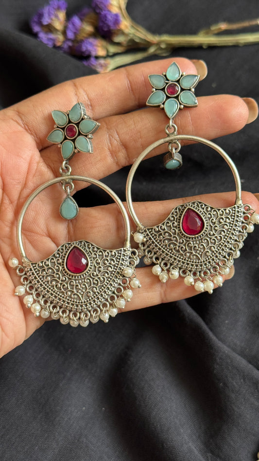 Dangler loop earrings - silver, turquoise & red - YCOSED23