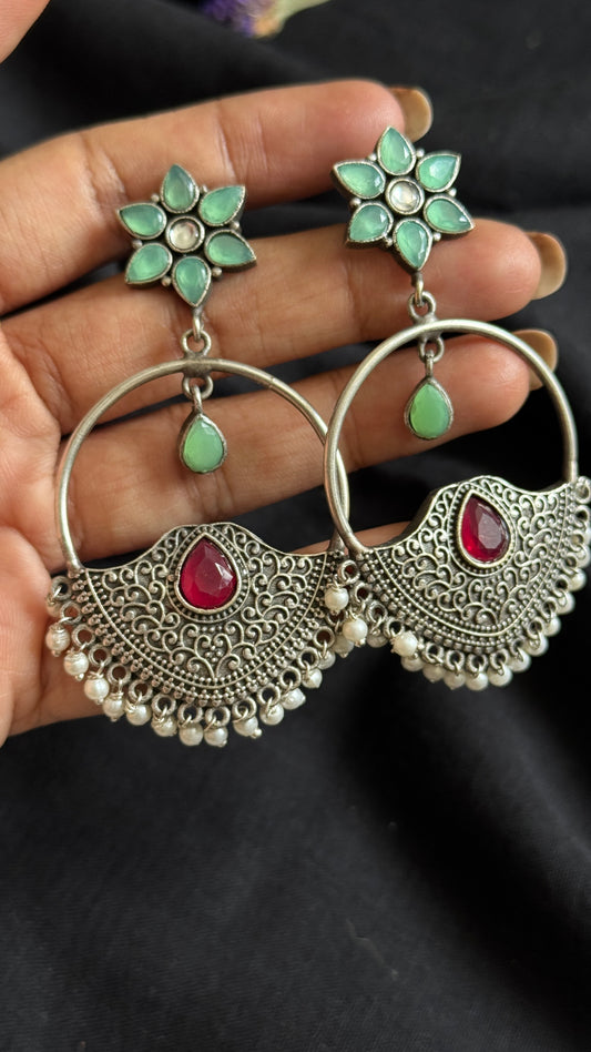 Dangler loop earrings - silver, mint green, white & red stones - YCOSED24