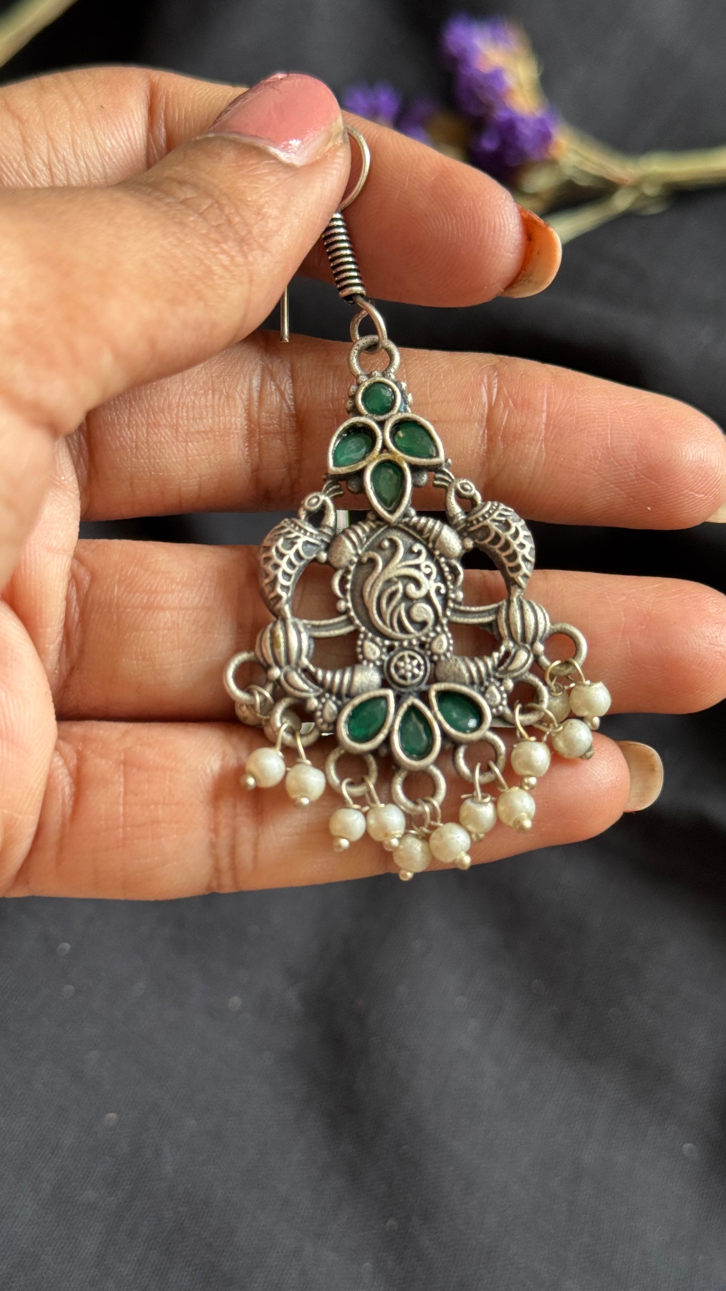 Hanging earrings - silver & dark green