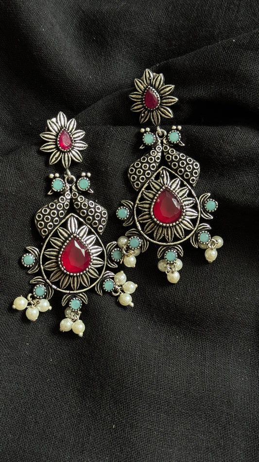 Dangler earrings - silver & dark pink