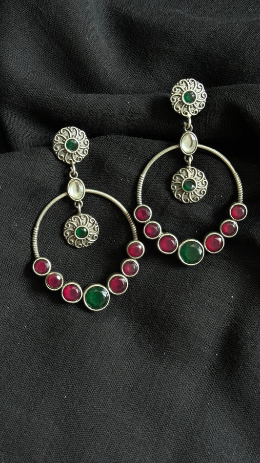 Dangler loop earrings - silver, green, white & red stones - YCOSED25
