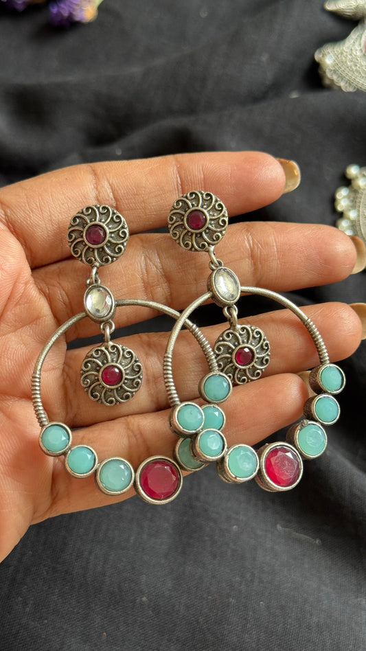 Dangler loop earrings - silver,turquoise & red stones