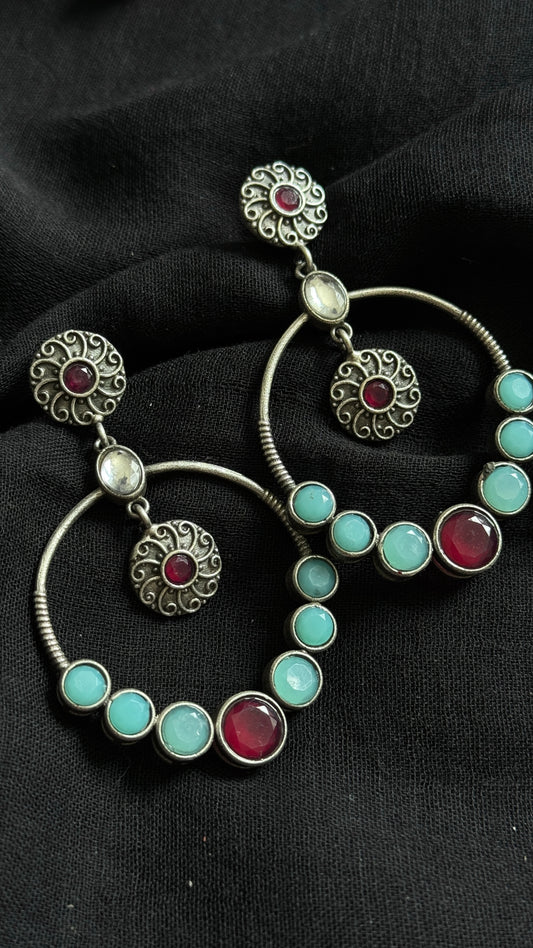 Dangler loop earrings - silver,turquoise & red stones