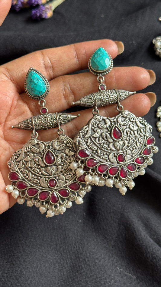 Dangler earrings - silver, red & turquoise