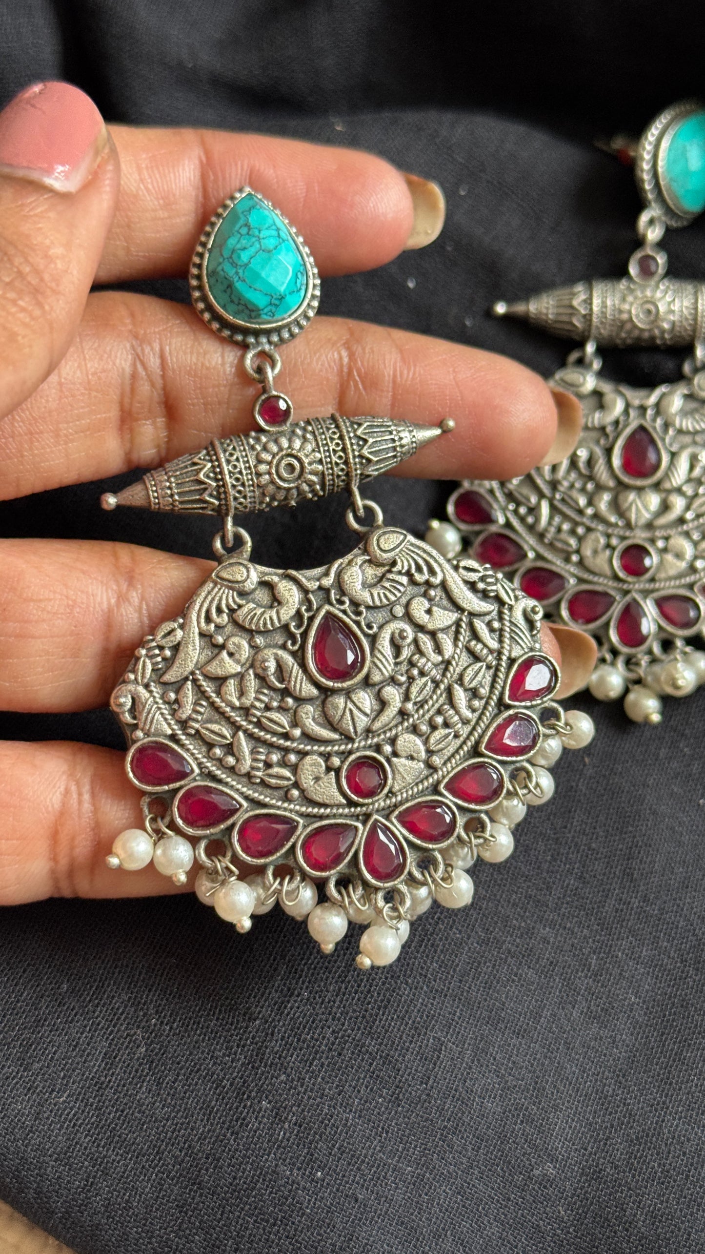 Dangler earrings - silver, red & turquoise