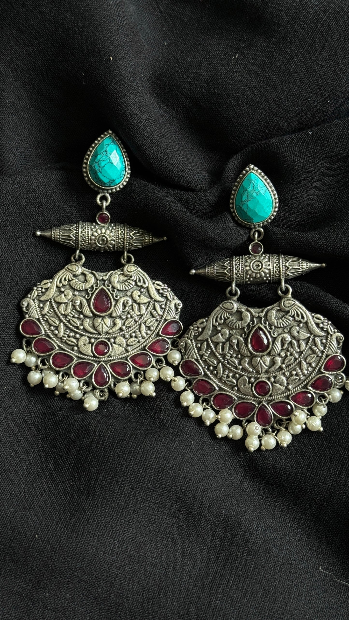 Dangler earrings - silver, red & turquoise