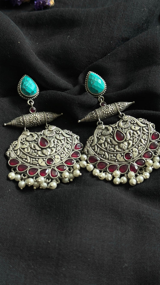 Dangler earrings - silver, red & turquoise