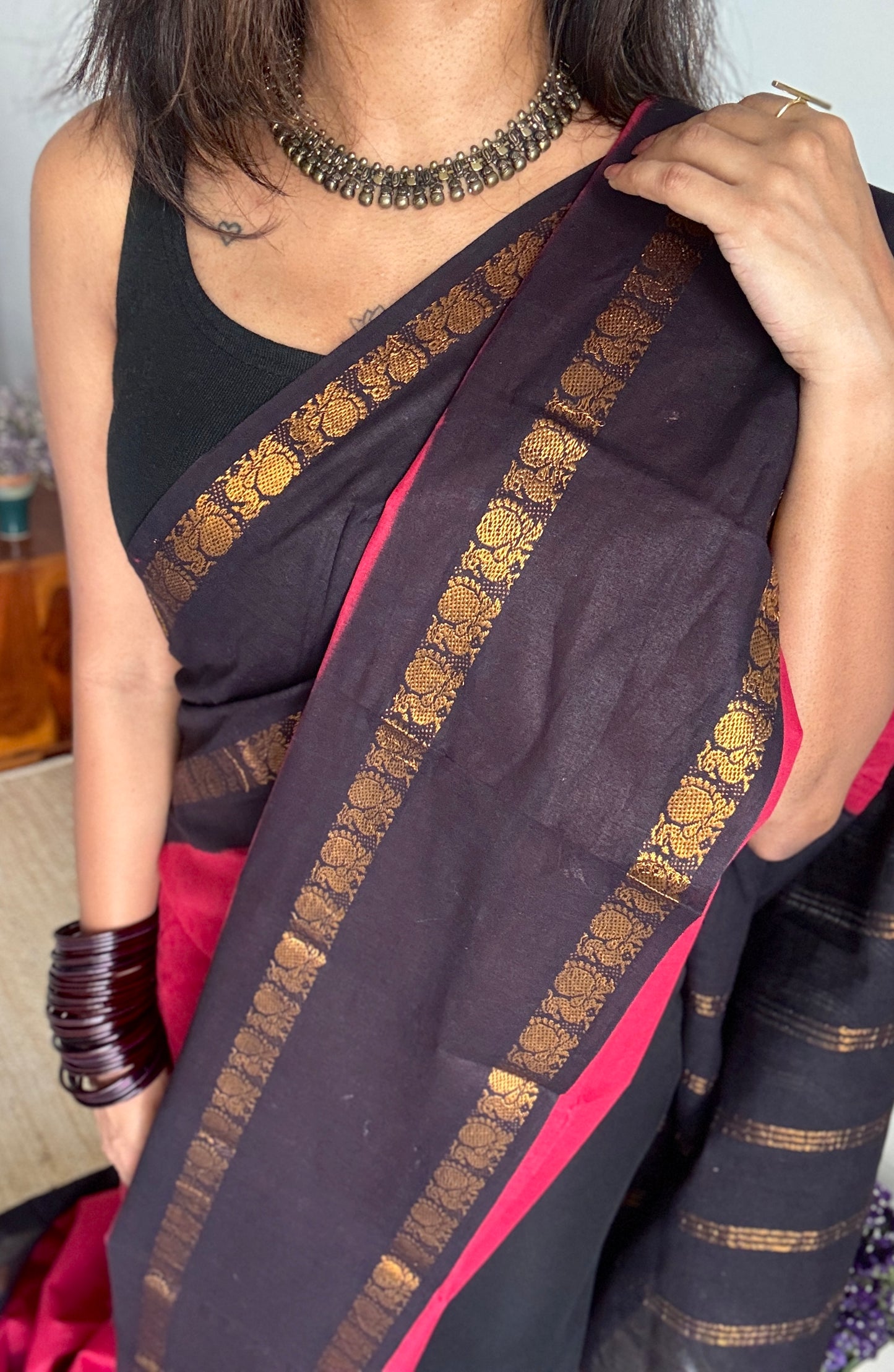 Maroon and Black, Rettaipettu Peacock double border - Madurai Kattuchayam