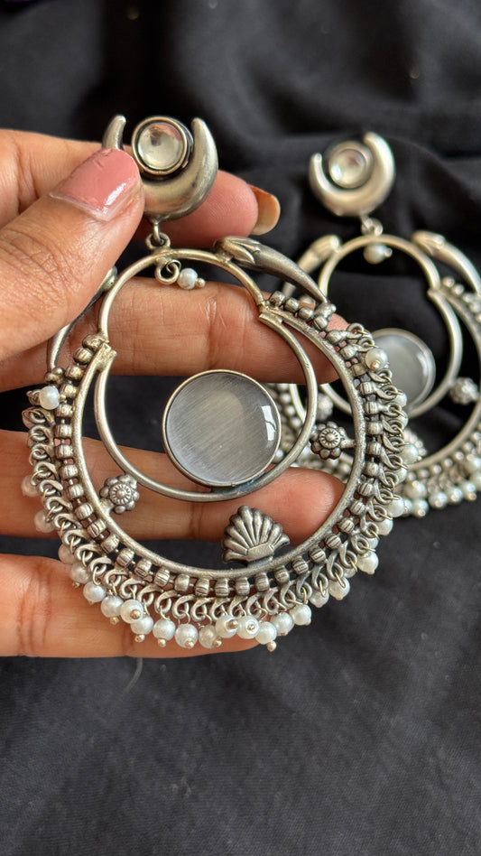 Handmade Chandbali with Pearl Beads - grey - YCOSEC17