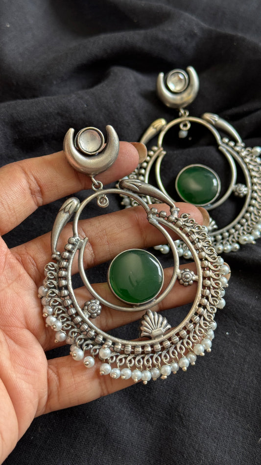 Handmade Chandbali with Pearl Beads - dark green - YCOSEC15