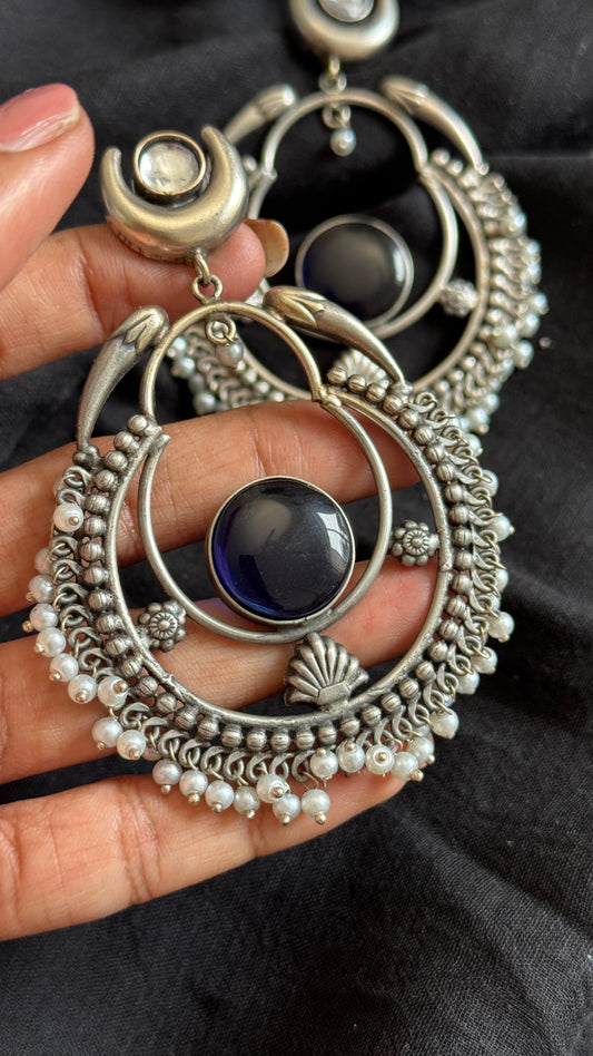 Handmade Chandbali with Pearl Beads - dark blue - YCOSEC02