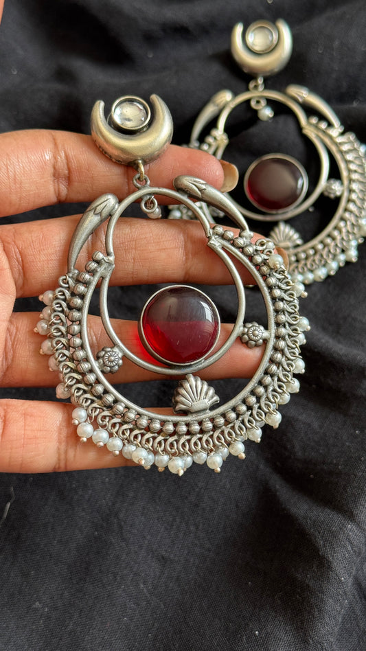 Handmade Chandbali with Pearl Beads - red - YCOSEC04