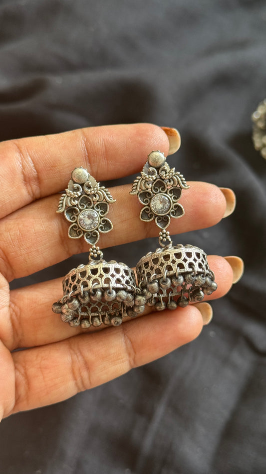 Small Jhumka - Silver & white stones