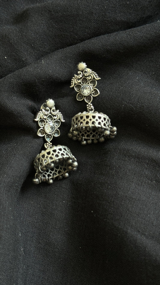 Small Jhumka - Silver & white stones