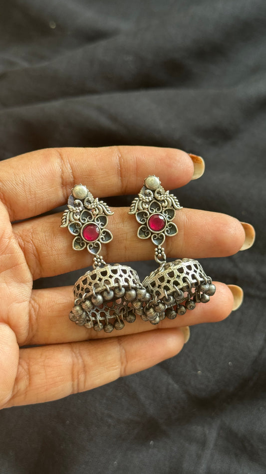 Small Jhumka - Silver & red stones