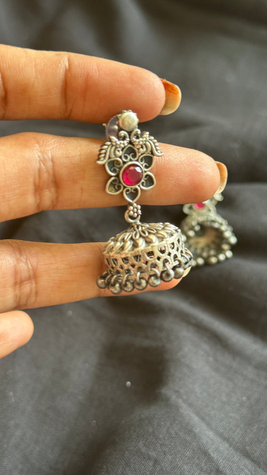 Small Jhumka - Silver & red stones