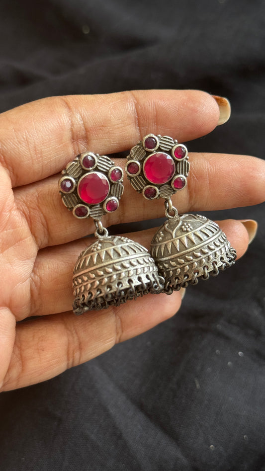 Medium Jhumka - Silver & red stones