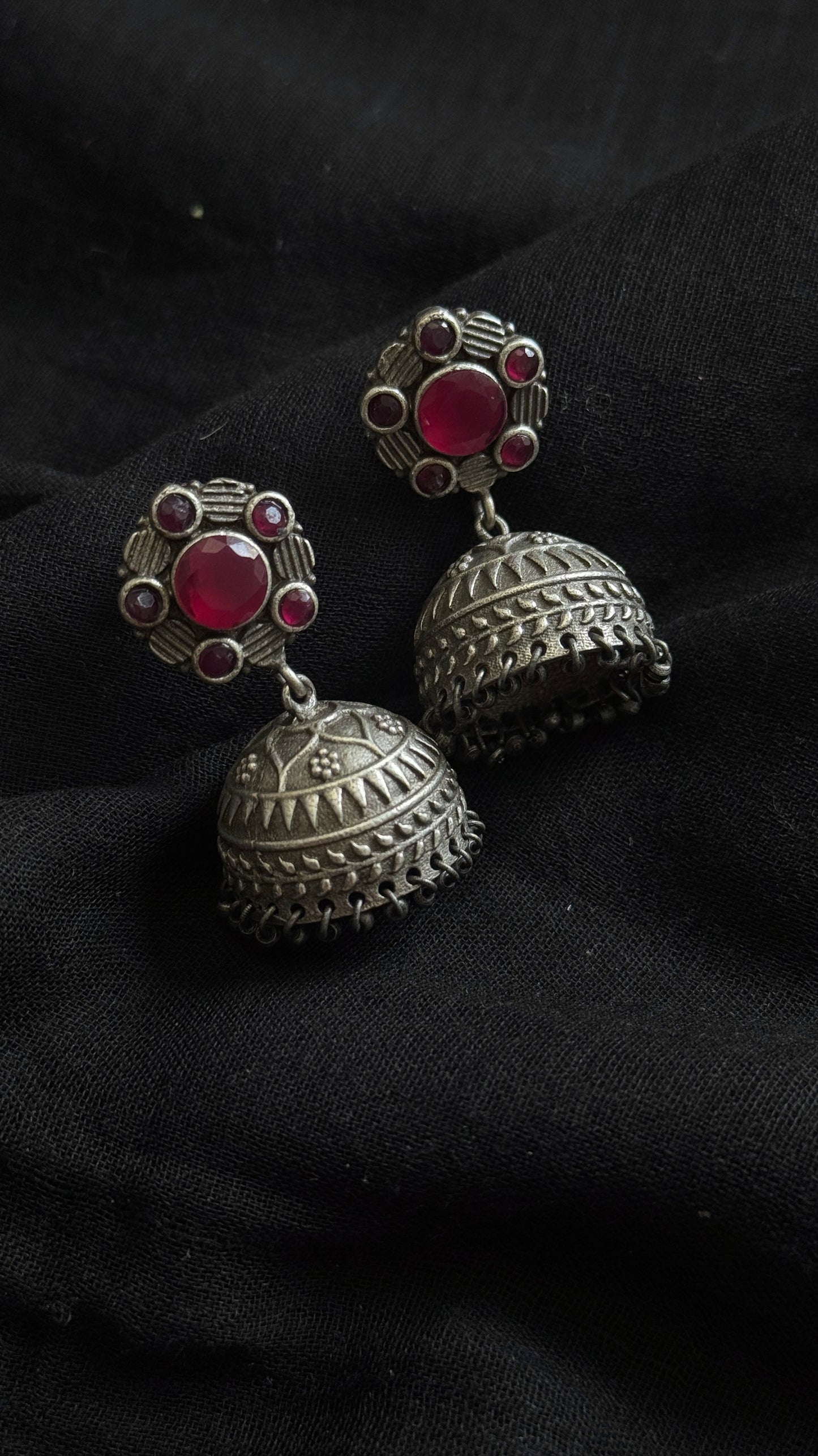 Medium Jhumka - Silver & red stones