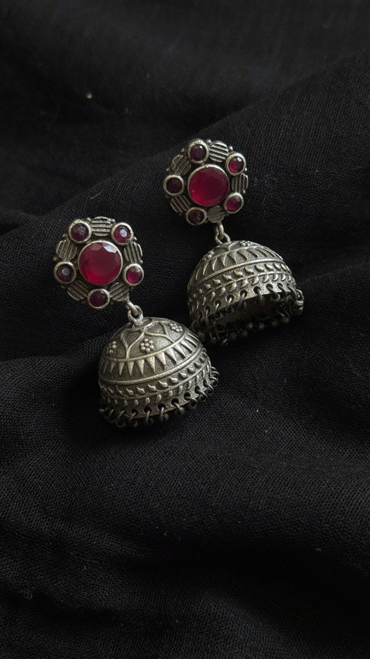 Medium Jhumka - Silver & red stones