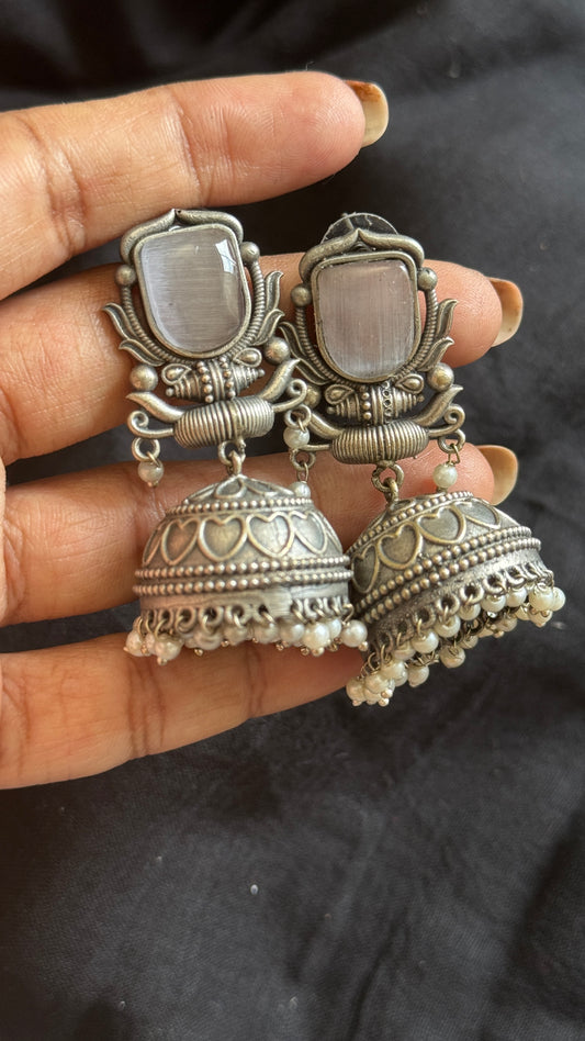 Antique Bloom - Traditional Jhumka, Black Stone, Grey Beads
