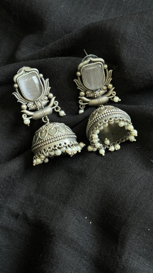 Antique Bloom - Traditional Jhumka, Black Stone, Grey Beads