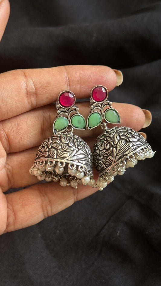 Small Jhumka - Silver, dark pink & mint stones
