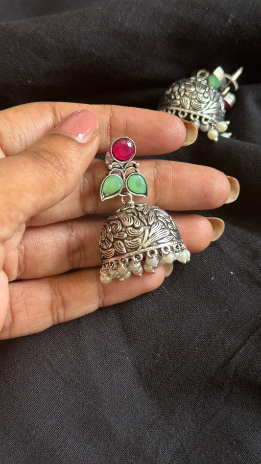 Small Jhumka - Silver, dark pink & mint stones