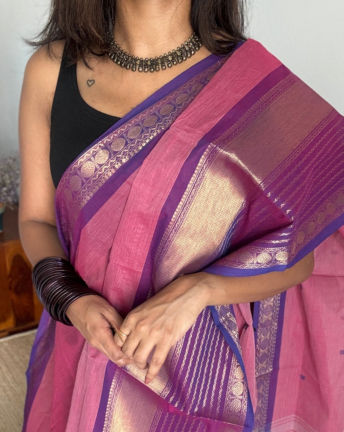 Pink with Violet and Purple Pink one side broad zari - Chettinad Soft Cotton - YCCL402