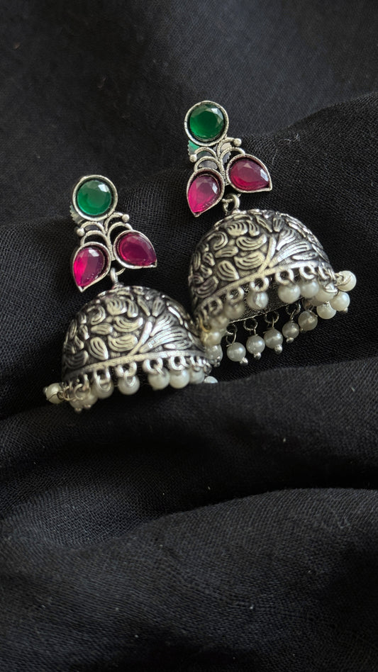 Small Jhumka - Silver, dark pink & green stones