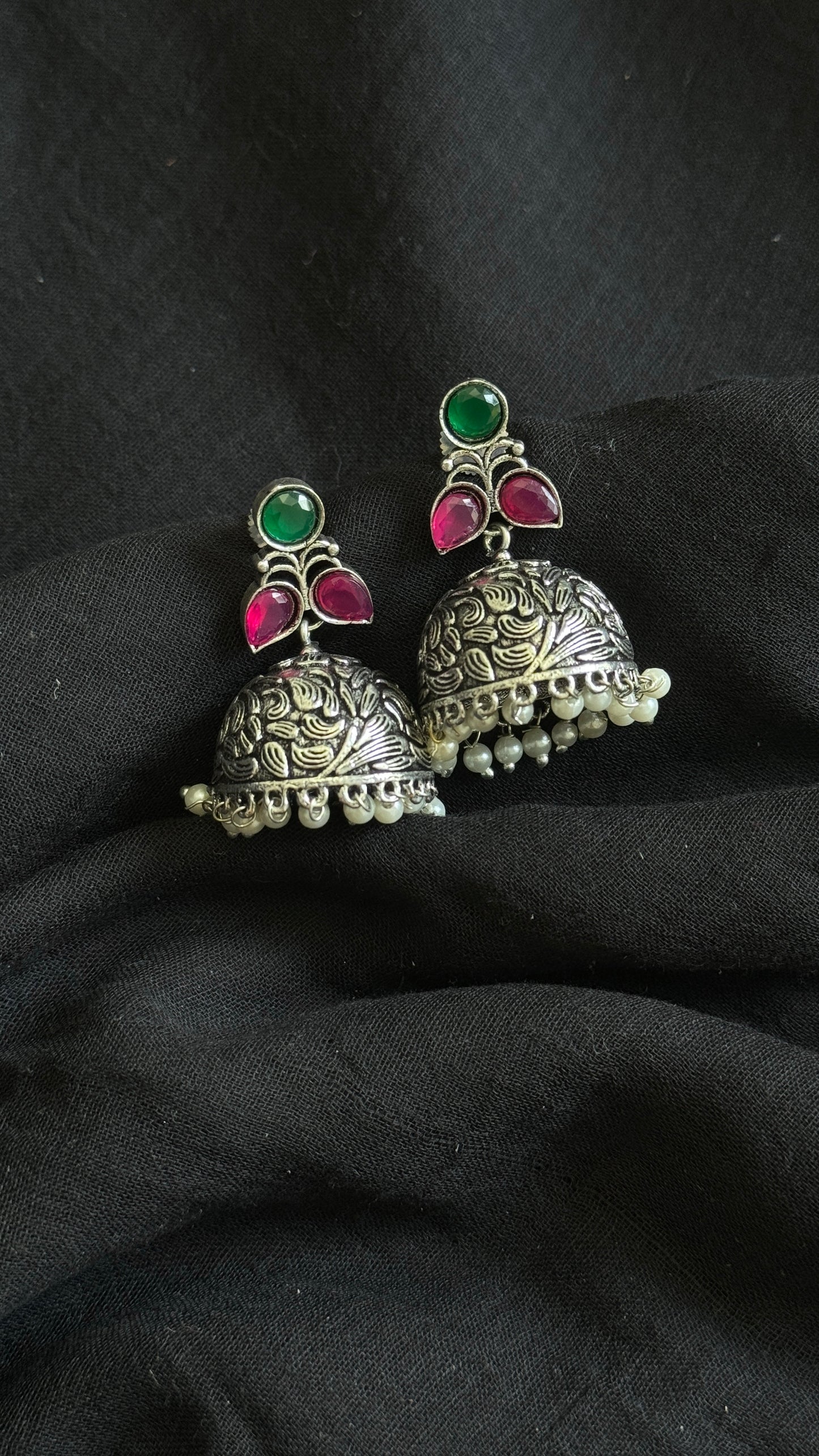 Small Jhumka - Silver, dark pink & green stones