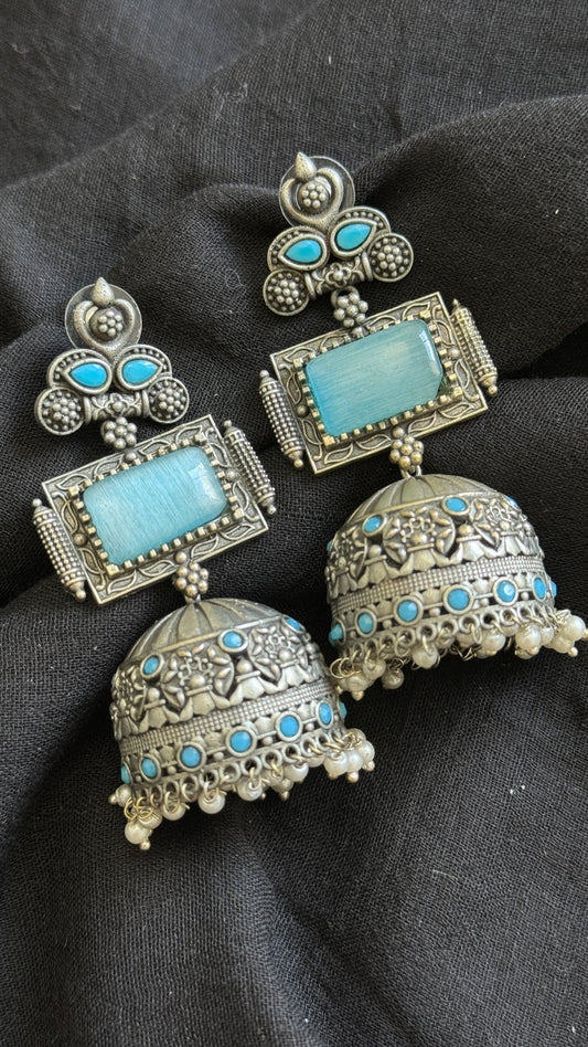 Heavy Jhumka - Silver & aqua blue