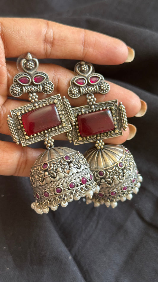 Heavy Jhumka - Silver & red