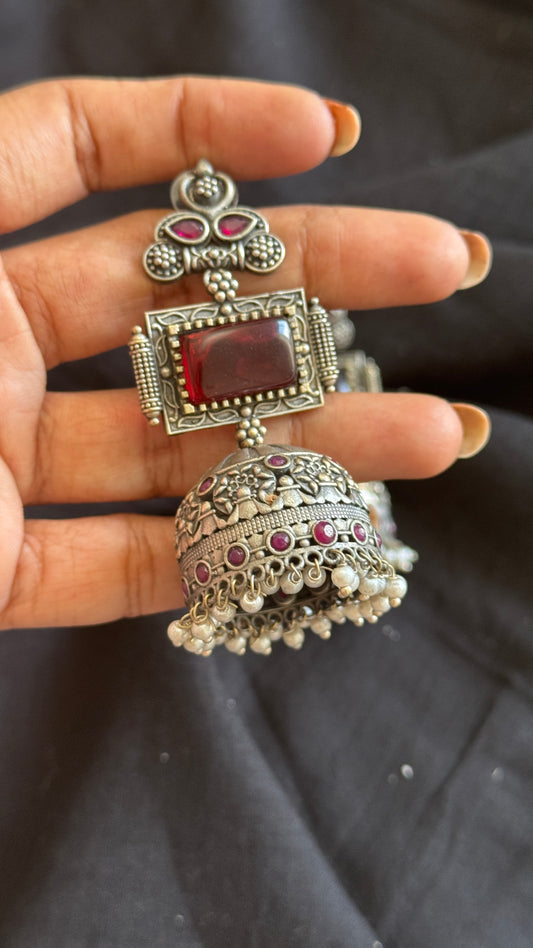 Heavy Jhumka - Silver & red
