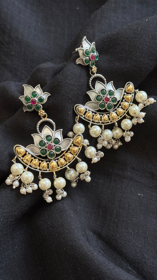 Double Tone Danglers - Silver & gold - green & red with pearl hangings - YCOSED33
