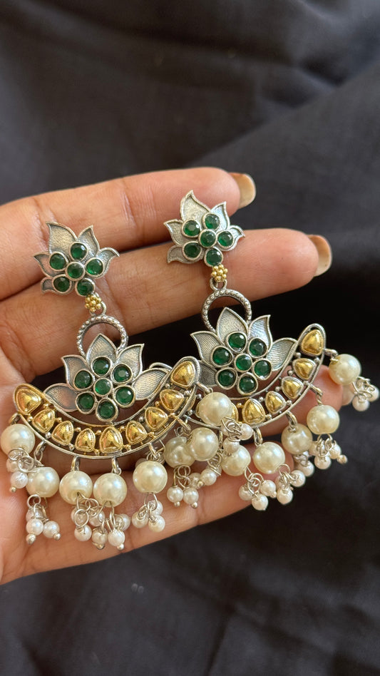 Double Tone Danglers - Silver & gold - green with pearl hangings