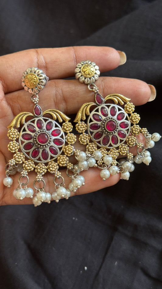 Double Tone Danglers - Silver & gold - red with pearl hangings