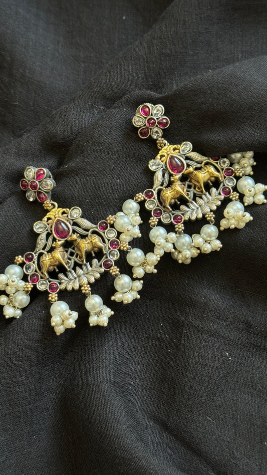 Double Tone Danglers - Silver & gold - dark pink with pearl hangings